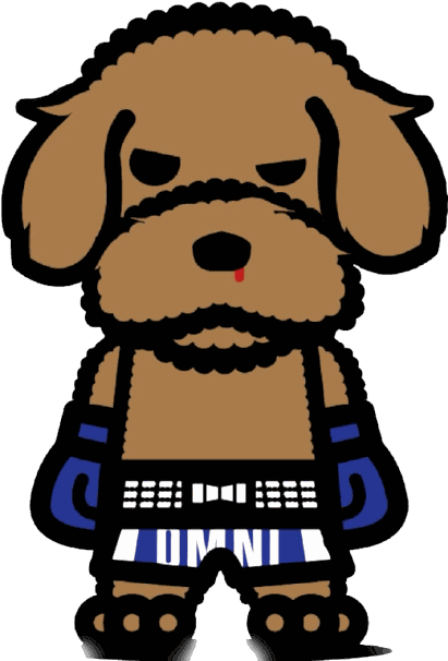 Omni Movement mascot: a boxing dog in blue gloves and OMNI shorts